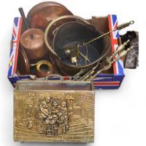 A quantity of various brass and copperware, including a brass coal bucket, an Arts and Crafts