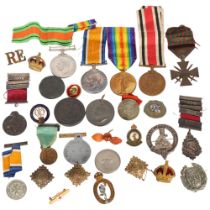 First World War medals to Pte AJ Jones S.A.I, and a number of other medals, coins and badges,