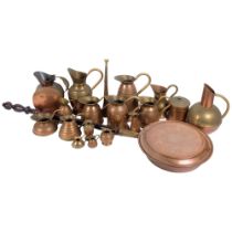 16 various copper jugs, warming pan, hunting horn etc