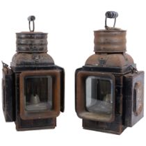 A pair of Victorian 2-glass panel railway lanterns, height not including handle 32cm