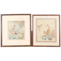 Japanese study on fabric of young ladies in a boat, and another depicting a tiger, both framed, 46cm