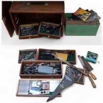 A wooden engineer's tool chest and contents, and a box of hand tools, etc