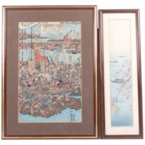 A Chinese woodblock print of a battle scene, with pencil script to the reverse, image 35cm x 22cm,