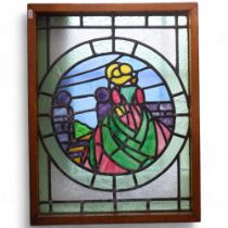 A coloured leadlight glazed panel, oak-framed, depicting figures, 48cm x 62cm x 5cm There are cracks