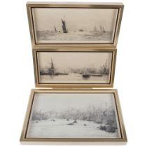 W L Wyllie, a set of 3 framed monochrome studies of shipping, largest 27cm x 43cm