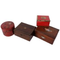 A rosewood and brass inlaid sewing box, a Victorian mahogany box with abalone shell decoration, an