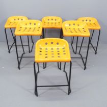 Six mid-century design pepperpot stacking stools, with moulded plastic seats on painted tubular