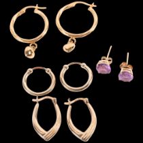 3 pair of 9ct gold hoop earrings, and a pair of 14ct gold amethyst set earrings