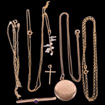 A group of 9ct gold, including 2 chains, cross and stone set bar brooch (6.5g), a 9ct gold pearl and