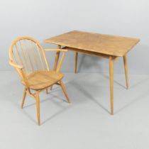 ERCOL - a mid-century model 393 breakfast / dining table with elm top on beech base, 99x73x69cm, and