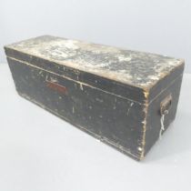 An early 20th century stained pine toolbox, plaque on front for A.E Watson. 92x32x34cm.
