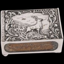 A large Edward VII silver matchbox holder, with embossed stag decoration, hallmarks for Birmingham