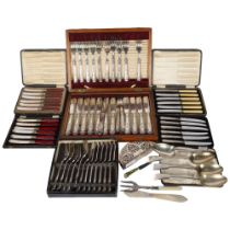 A cased set of 6 silver-handled tea knives, 4 other cased sets of cutlery, an oak-cased canteen of