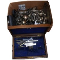 A large quantity of mixed loose cutlery, an oak cutlery box, and other plated ware (boxful)