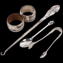 Various silver, including pair of Iraqi niello napkin rings, sugar tongs, etc, 2.5oz weighable Lot