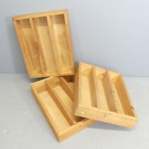 Three various pine storage trays. 60x19x48cm.