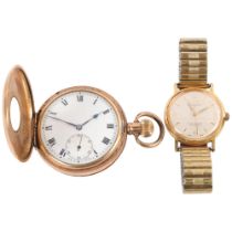 A gold plated half hunter pocket watch with subsidiary dial, top-wind with dust cover, and Oris -