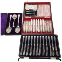 Various cased cutlery, including pair of pickle forks, pair of plated berry spoons with matching