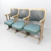 A vintage oak and faux-leather upholstered cinema seat. Overall 160x92x56cm. WITH THE OPTION TO