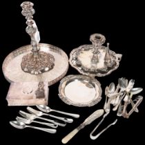A Victorian silver plate and copper single candlestick, a silver plate on copper chamber stick,