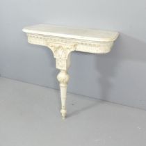 A continental marble top console table with intricate carving, on single turned column. 77x88x36cm.