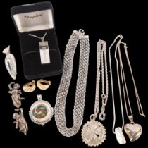 A pair of Christian Dior clip-on earrings, various silver pendants and chains, a silver posy