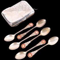 An engraved silver cigarette case, and set of 6 silver and red enamel coffee spoons with Yorkshire