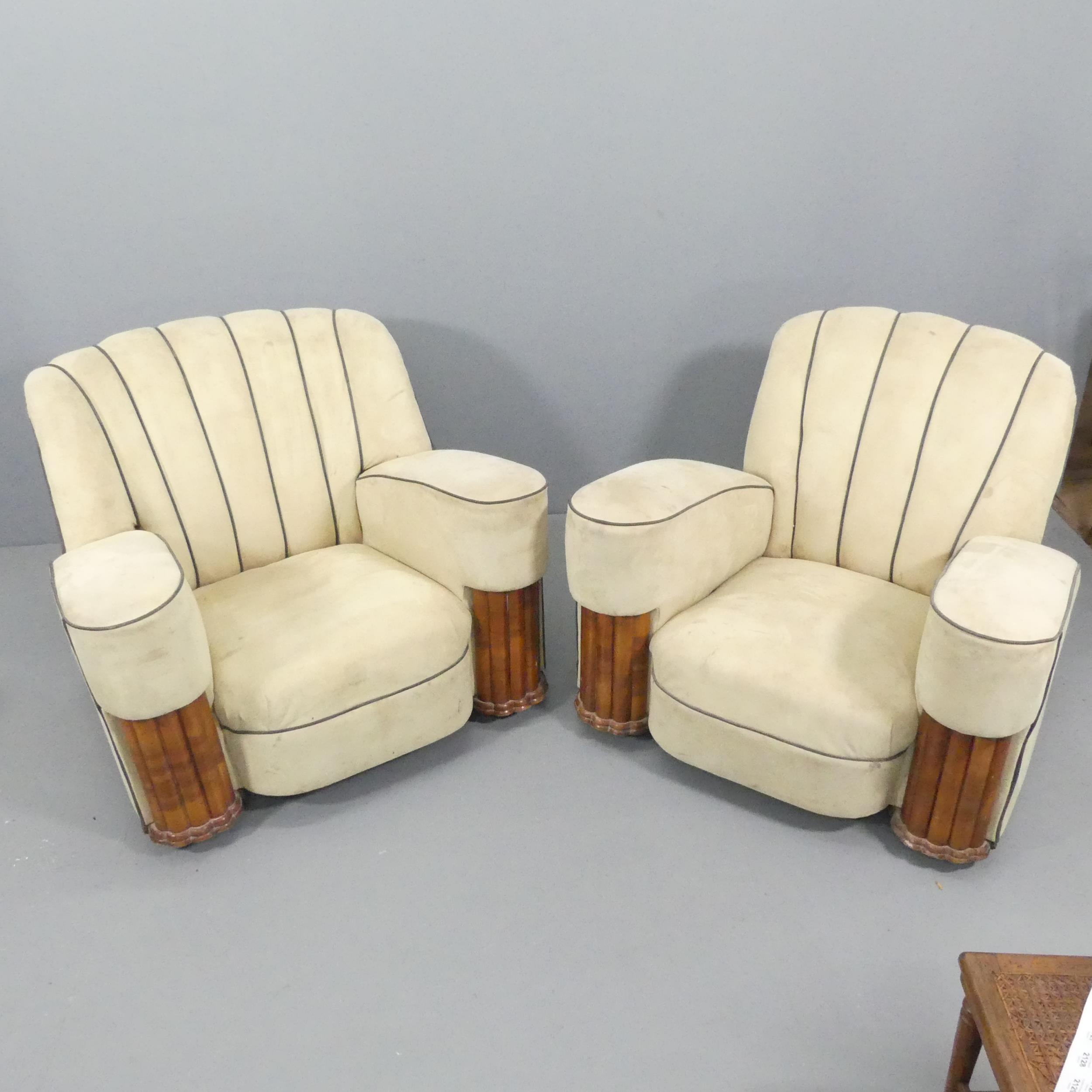 An Art Deco three-piece suite comprising a two seater sofa and his & hers armchairs. A/F. Upholstery - Image 2 of 3