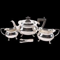 A George V silver 3-piece tea set, teapot with engraved script " a wedding gift to Mr and Mrs J T