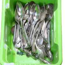 A box of mixed plated cutlery, including fish knives and forks