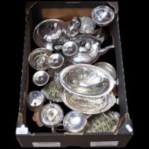 Various silver plated teaware, table candelabra, muffin dish and cover, toast racks, etc (boxful)