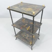 An early 20th century style three-tier side table, with faux bamboo frame and applied oriental