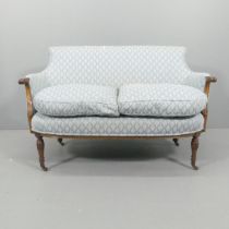 A 19th century walnut and upholstered two-seater settee. Overall 130x80x70cm, seat 110x50x45cm..