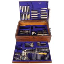 Mixed canteen of Old English pattern cutlery and knives, in a drawer-fitted oak canteen