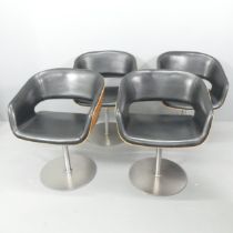 A set of four contemporary bent ply and faux-leather upholstered swivel chairs on chrome bases. Good