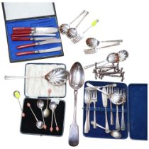 A cased set of bean-end coffee spoons, tea knives, cake forks, etc (boxful)