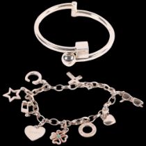 A 925 silver hinged bangle, and a sterling silver charm bracelet and charms, by Thomas Sabo
