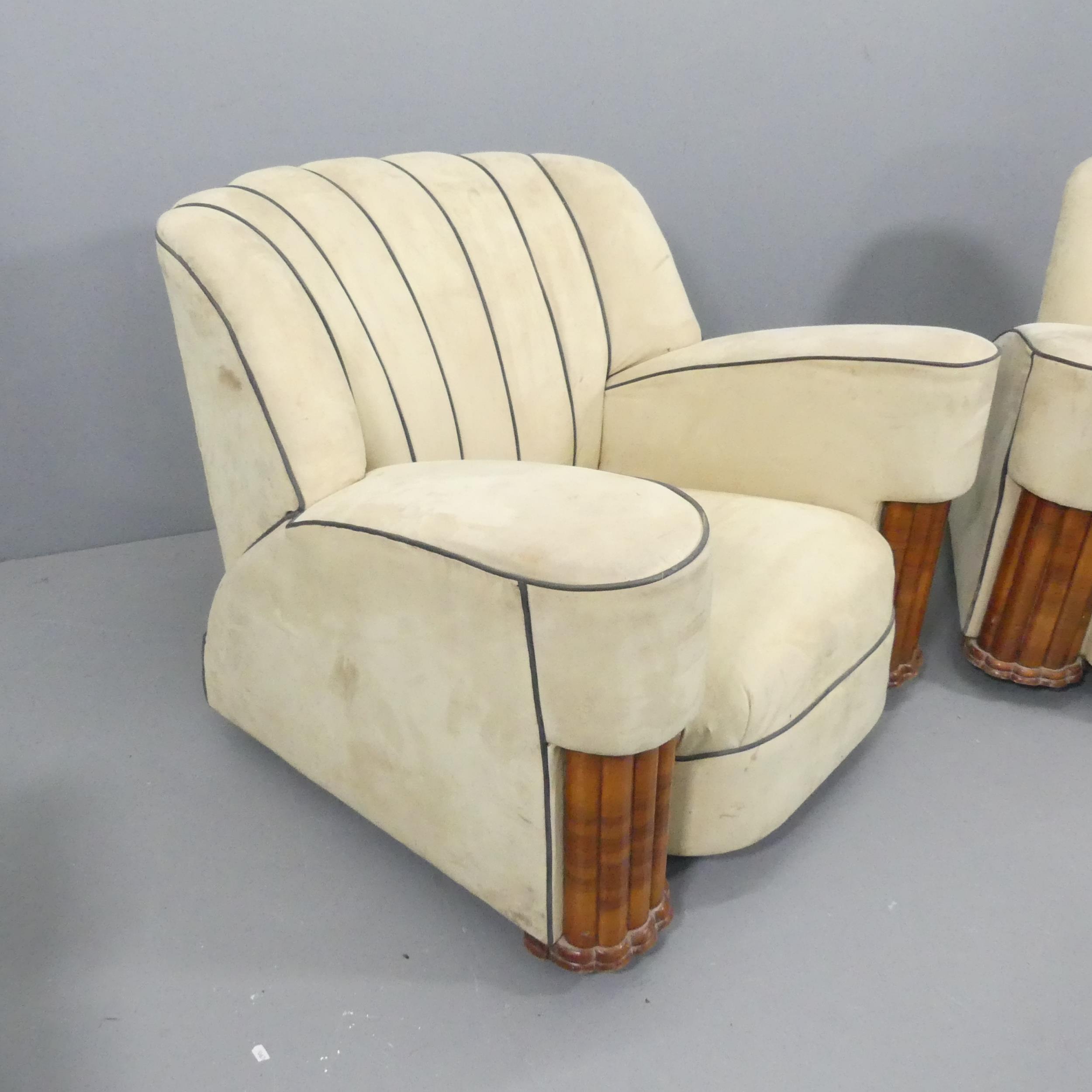 An Art Deco three-piece suite comprising a two seater sofa and his & hers armchairs. A/F. Upholstery - Image 3 of 3