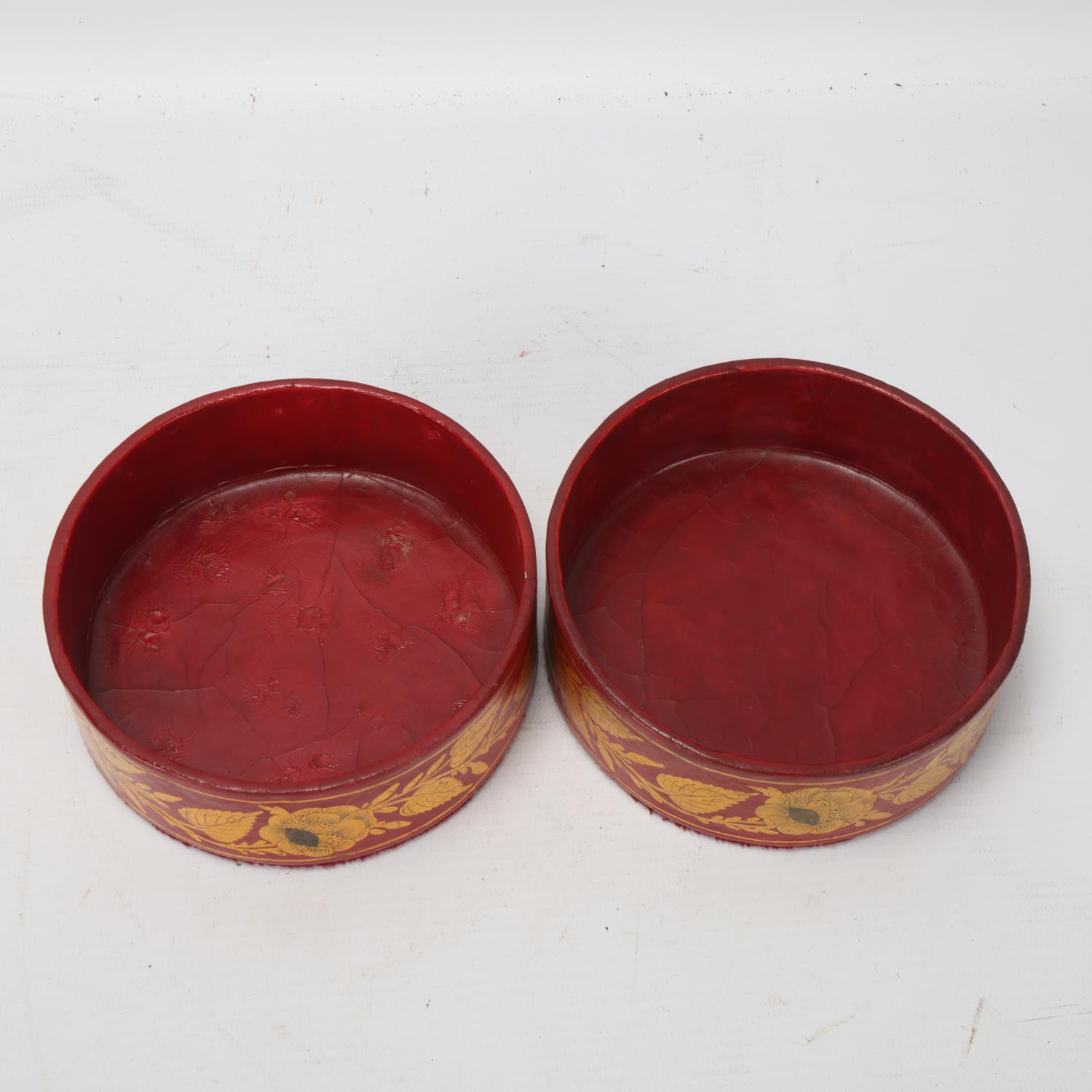 Pair of Regency red lacquer and hand painted gilt decorated papier mache wine bottle coasters, circa - Image 2 of 3