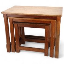 Robert Mouseman Thompson, nest of 3 rectangular oak tables, probably circa 1950s, chamfered square