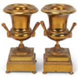 Pair of 19th century gilt-brass campagna form mantel urns on stepped plinths, height 20cm 1 foot