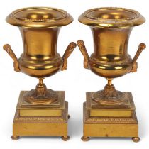 Pair of 19th century gilt-brass campagna form mantel urns on stepped plinths, height 20cm 1 foot