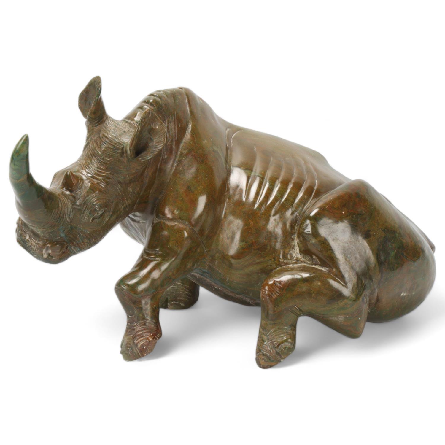 African verdite rhino sculpture, length approx 39cm