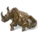 African verdite rhino sculpture, length approx 39cm