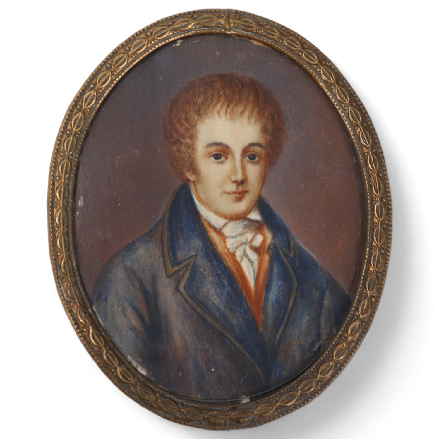 19th century miniature watercolour on card, portrait of a gentleman, unsigned, brass frame, height