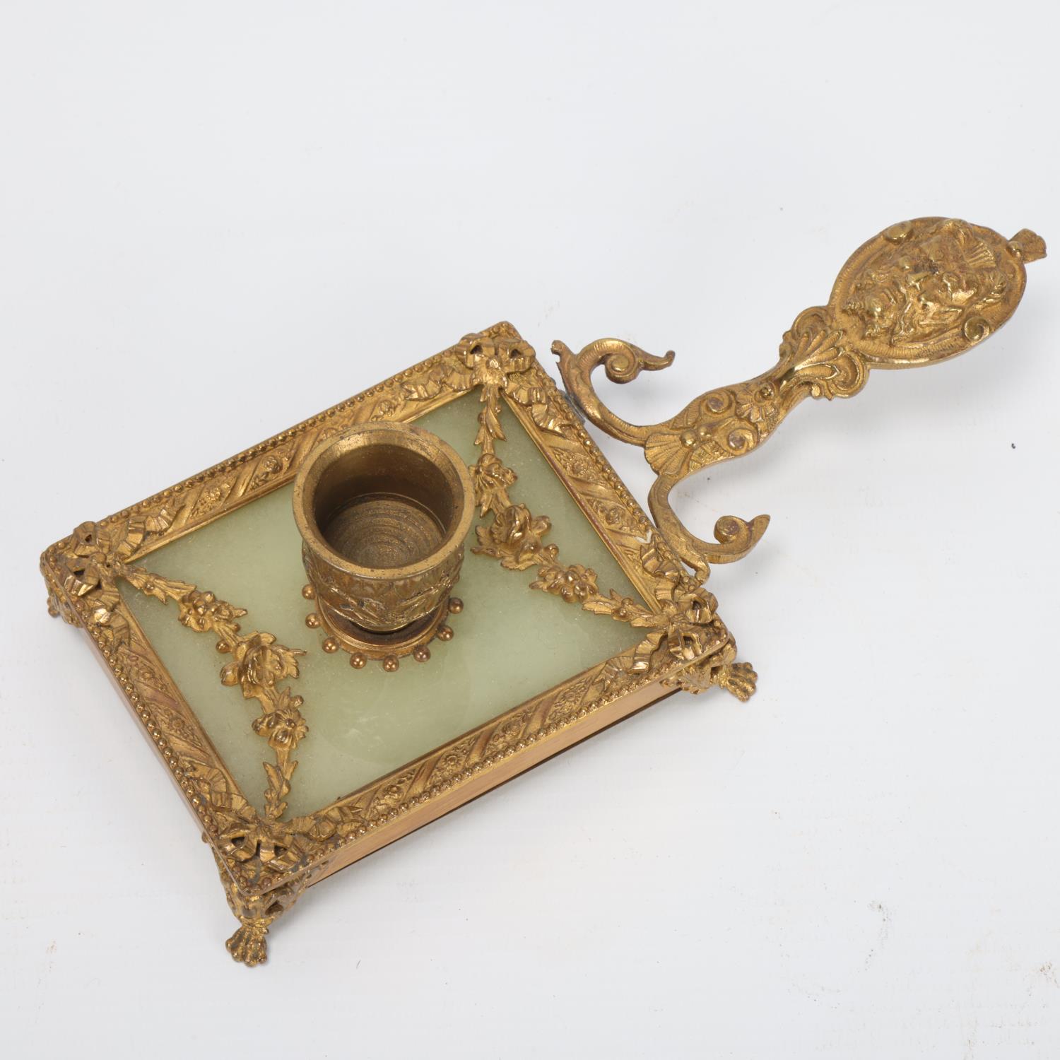 A French ormolu and onyx chamber stick, circa 1900, with relief mask decorated handle, length 18.5cm - Image 2 of 3