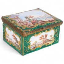 19th century Limoges enamel box, with painted landscape panels, width 11cm, A/F Extensive enamel