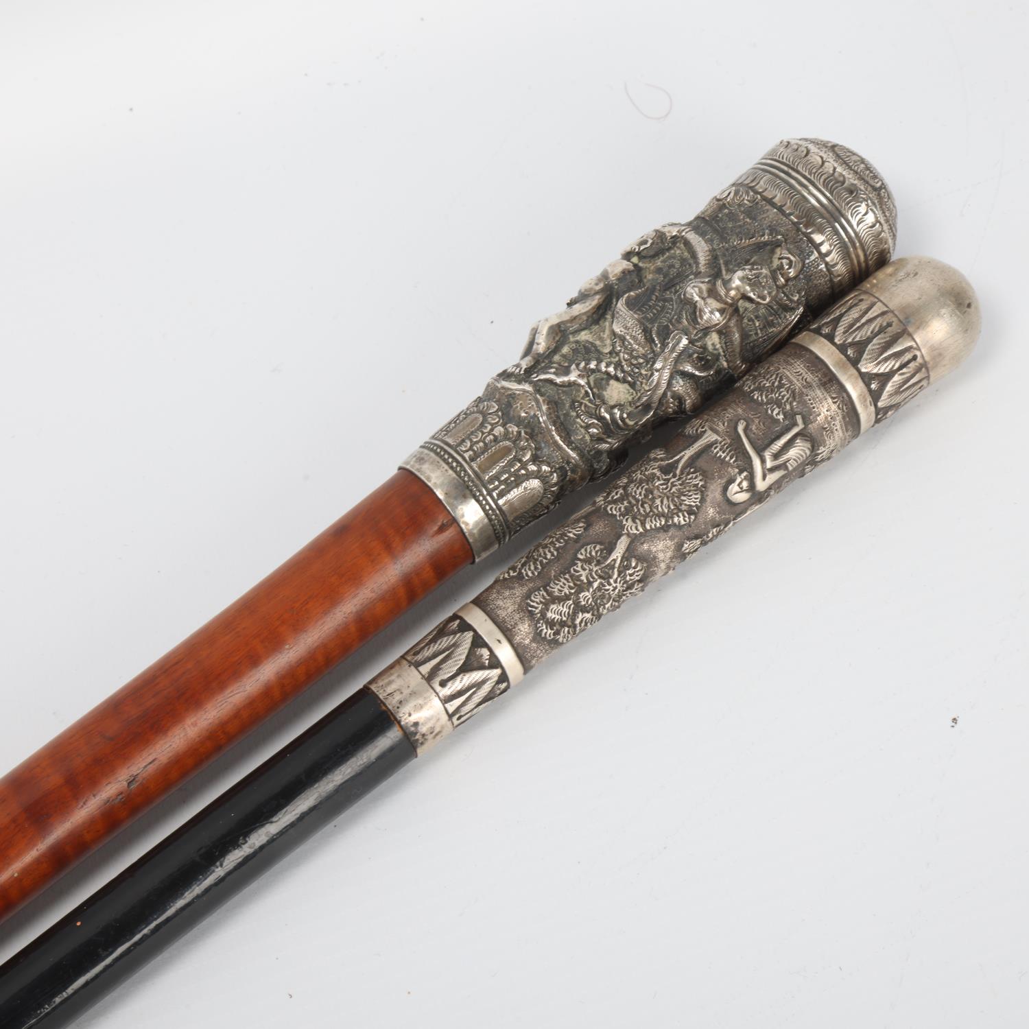2 x 19th century Indian unmarked silver-handled walking canes, with relief cast handles, lengths - Image 3 of 3