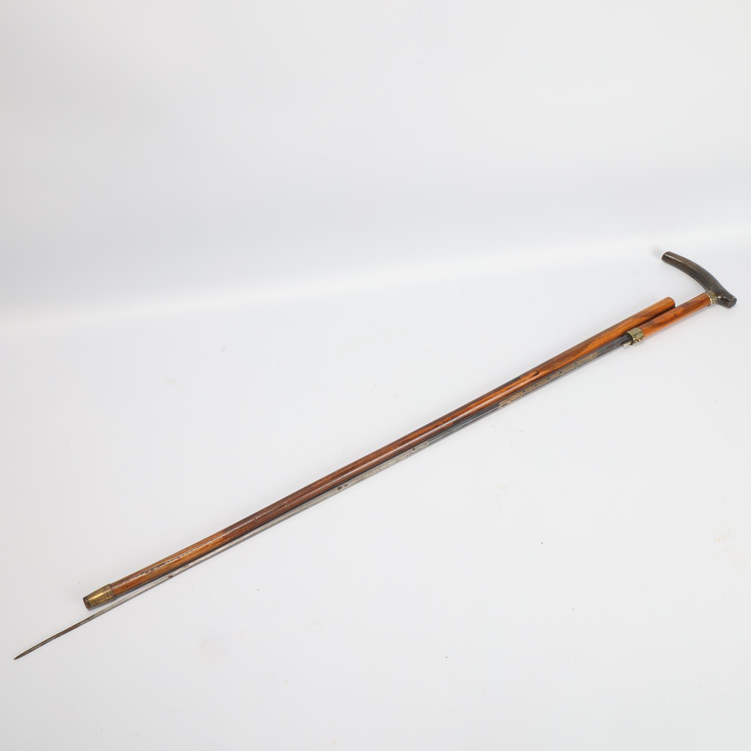 19th century horn-handled sword stick, Damascene square section blade, blade length 70cm Good - Image 2 of 3