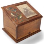 A 19th century olivewood humidor cabinet, with inset photograph to the lid, painted bird